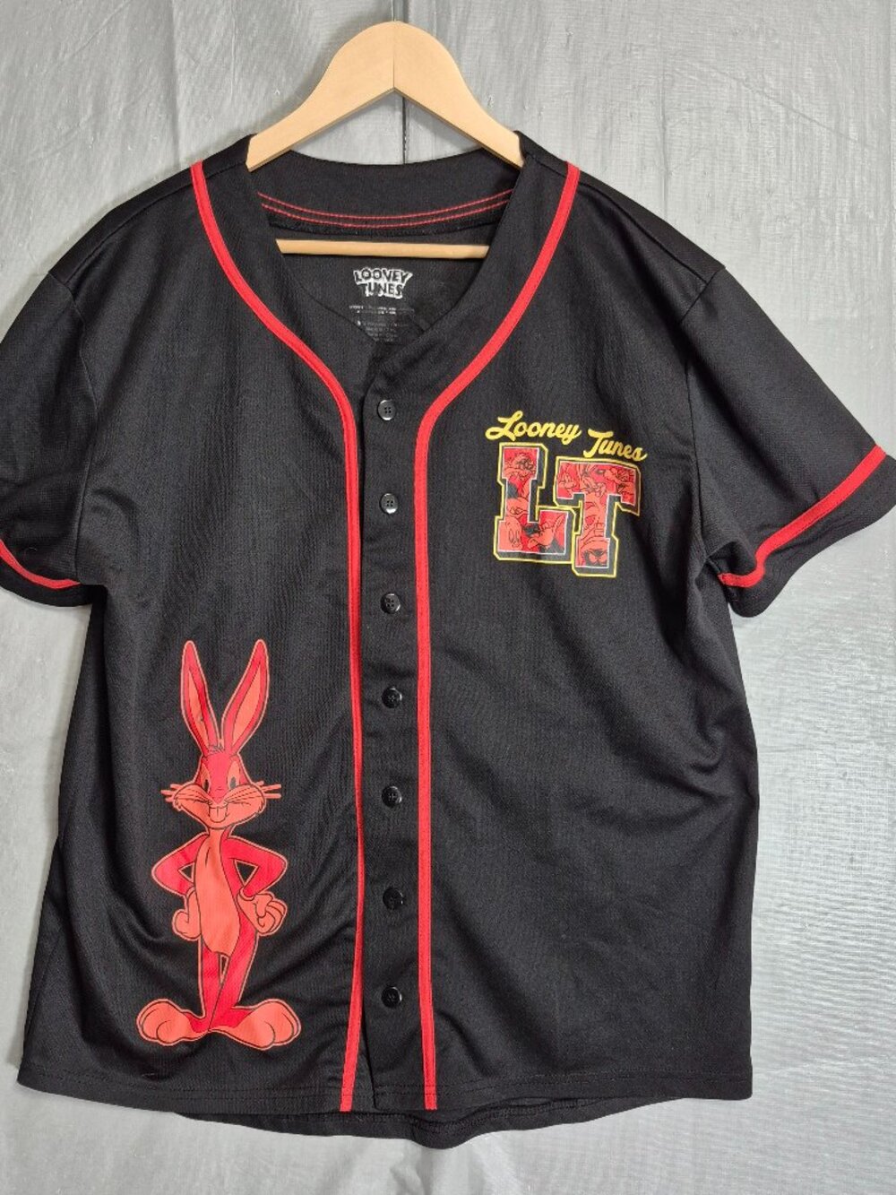 Vtg Bugs Bunny Looney Tunes Black and Red Acme Jersey XL Button Down Shirt 0605